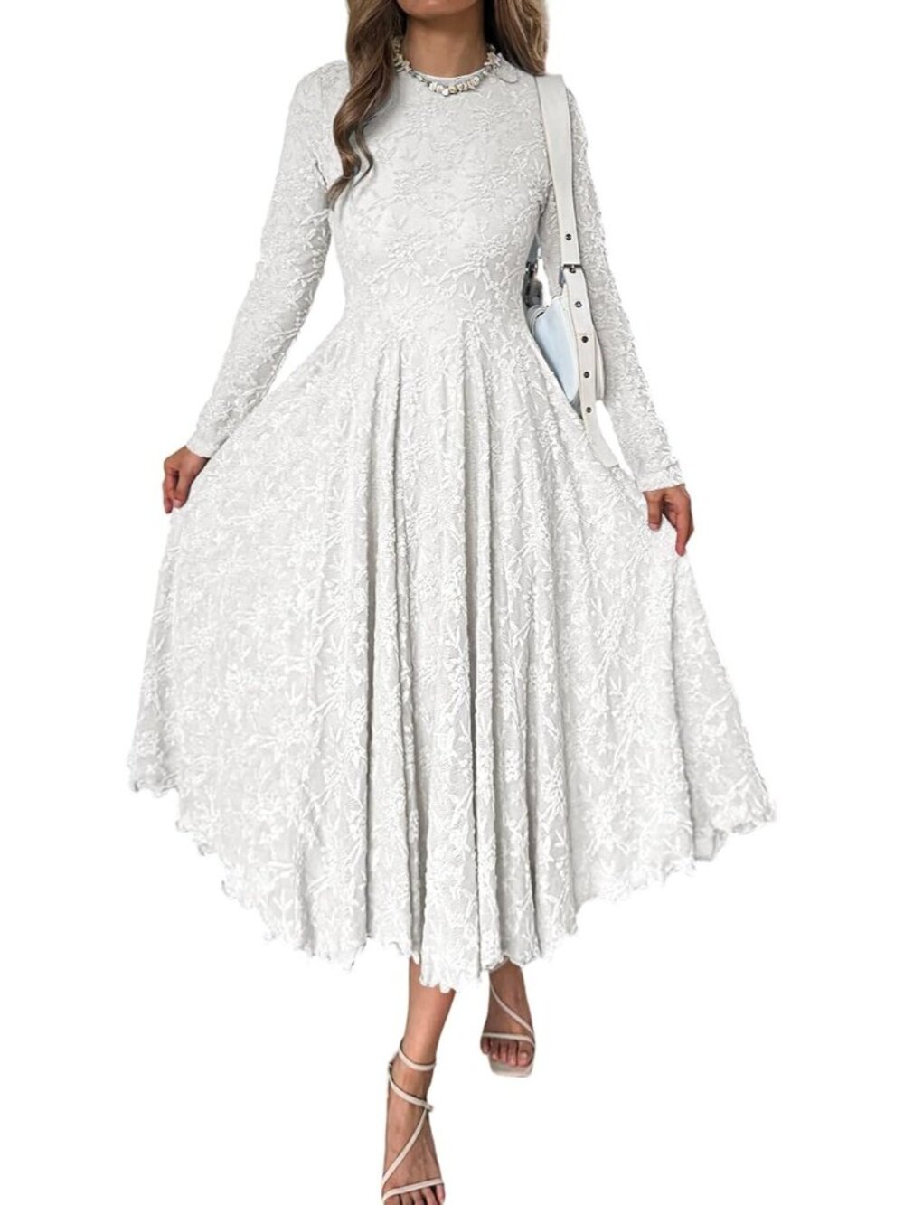 Women's White Long Sleeve Round Neck Fall Wedding Guest Floral Maxi Dresses